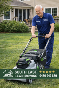 Eco-friendly electric lawn mower being used for professional lawn care
